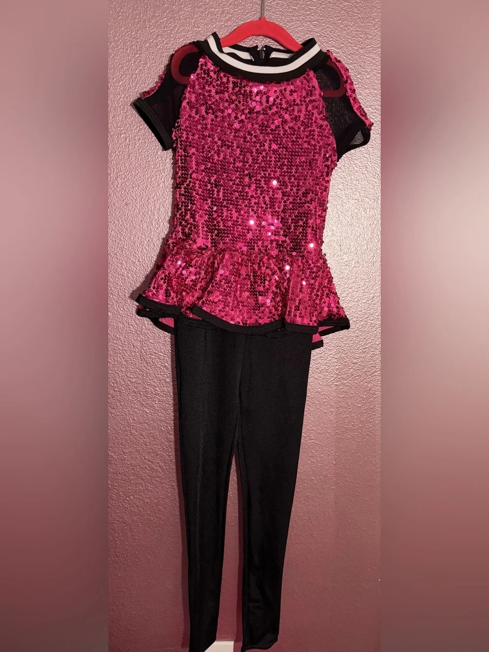 Weissman Hot Pink Sequin Peplum Top with Black Leggings